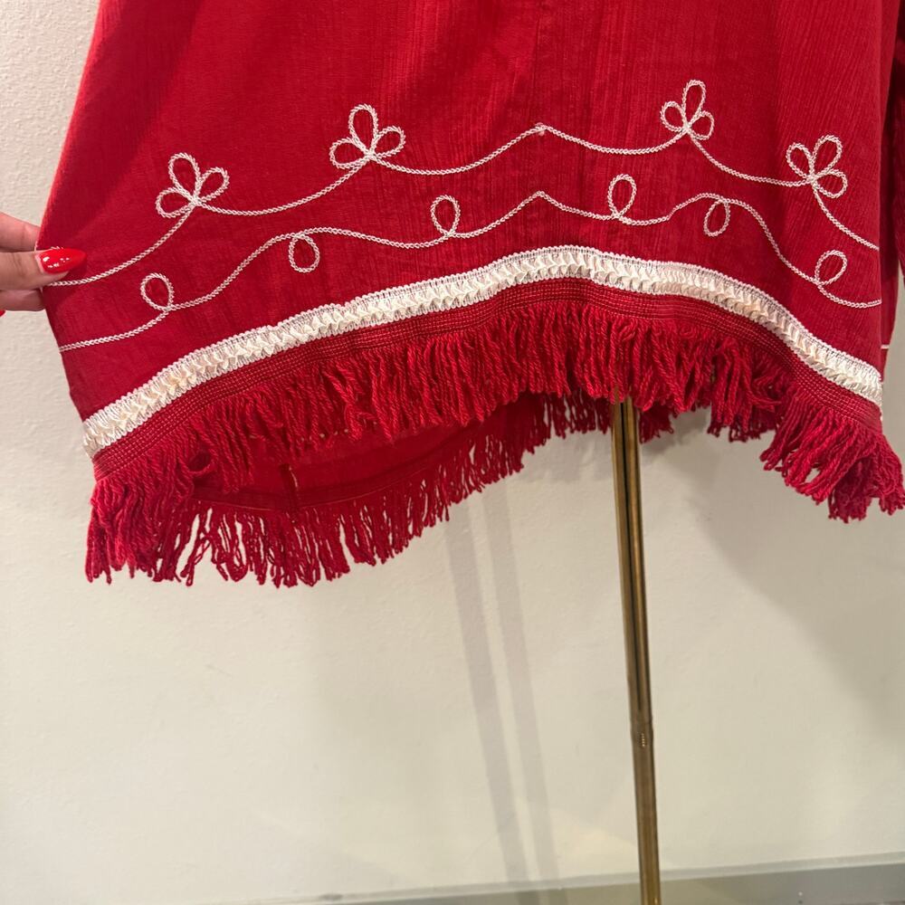 Boho Red White Embroidered Fringe Tunic Long Bell Sleeve Top Women 3x Resort - Picture 6 of 9